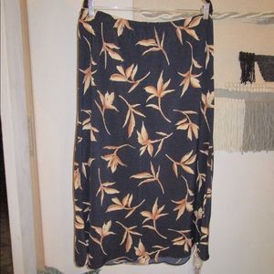 Vintage Size 18 Printed Midi Skirt w/ Tan and Cream Foliage Print & Bungee Waist